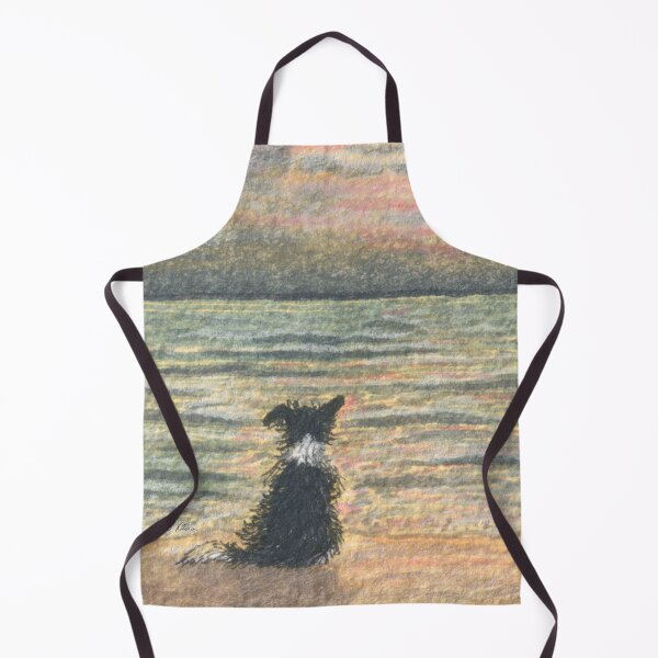 Item preview, A Border collie dog gazes out over the ocean watching the sun come up, greeting the morning designed and sold by SusanAlisonArt.
