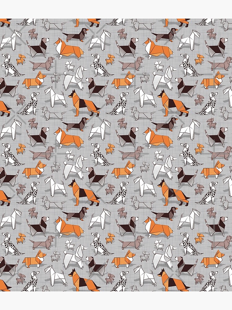 Origami doggie friends // grey linen texture background by SelmaCardoso