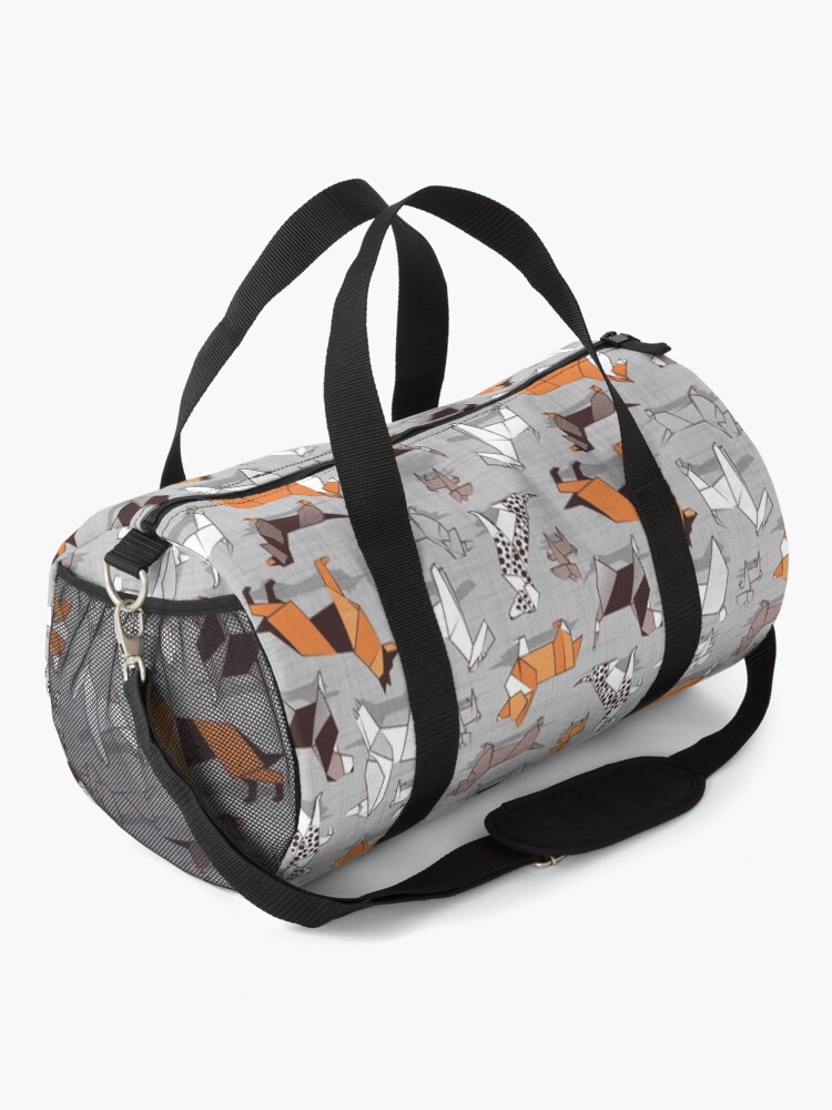 Alternate view of Origami doggie friends // grey linen texture background Duffle Bag