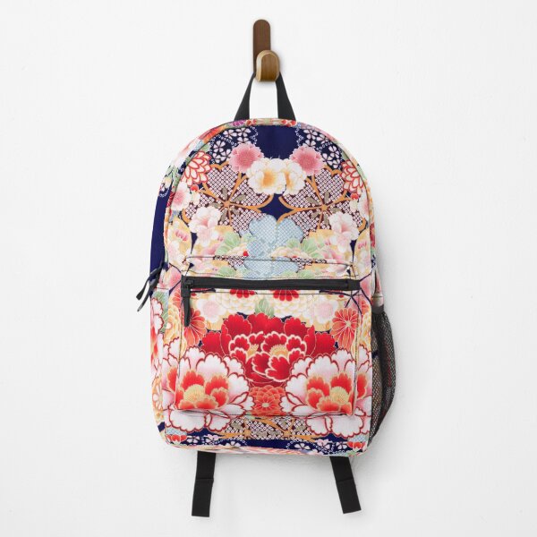 ANTIQUE JAPANESE FLOWERS Pink White Wild Roses Kimono Style Floral Backpack