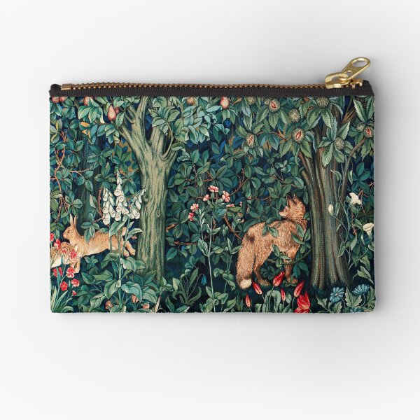GREENERY, FOREST ANIMALS Fox and Hares Blue Green Floral Tapestry Zipper Pouch