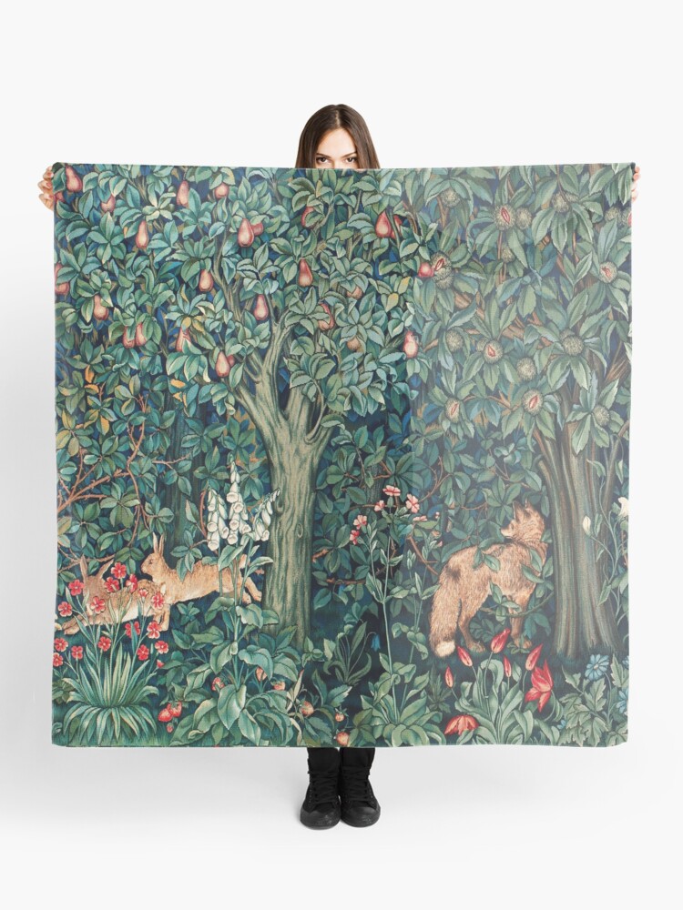 Thumbnail 1 of 3, Scarf, GREENERY, FOREST ANIMALS Fox and Hares Blue Green Floral Tapestry designed and sold by BulganLumini.