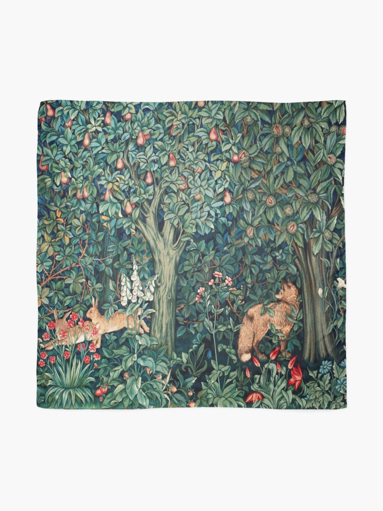 Thumbnail 2 of 3, Scarf, GREENERY, FOREST ANIMALS Fox and Hares Blue Green Floral Tapestry designed and sold by BulganLumini.
