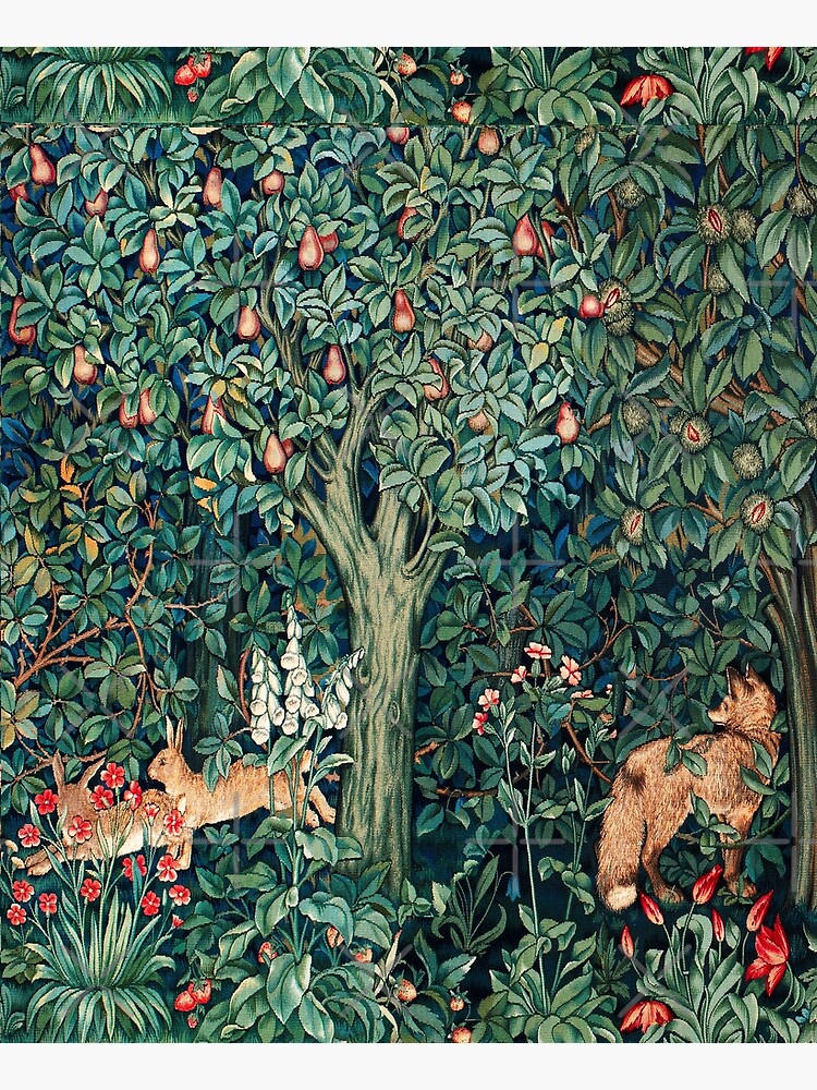 Thumbnail 6 of 6, Apron, GREENERY, FOREST ANIMALS Fox and Hares Blue Green Floral Tapestry designed and sold by BulganLumini.