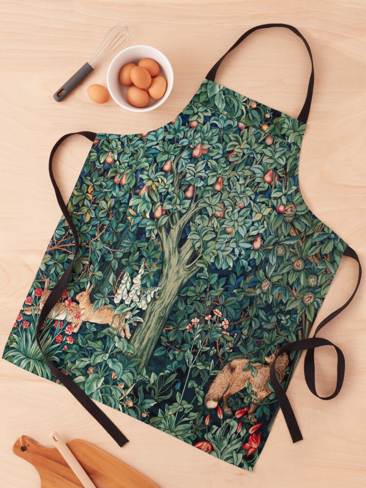 Thumbnail 1 of 6, Apron, GREENERY, FOREST ANIMALS Fox and Hares Blue Green Floral Tapestry designed and sold by BulganLumini.