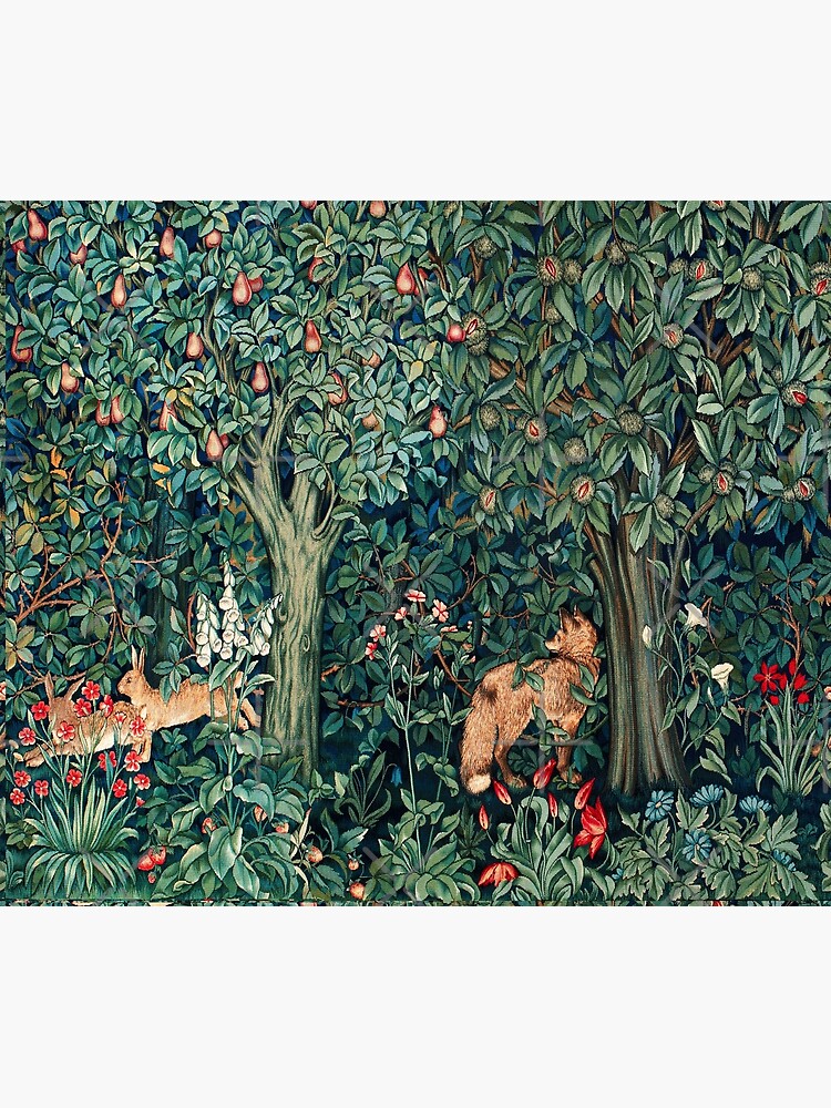 Thumbnail 5 of 5, Shower Curtain, GREENERY, FOREST ANIMALS Fox and Hares Blue Green Floral Tapestry designed and sold by BulganLumini.