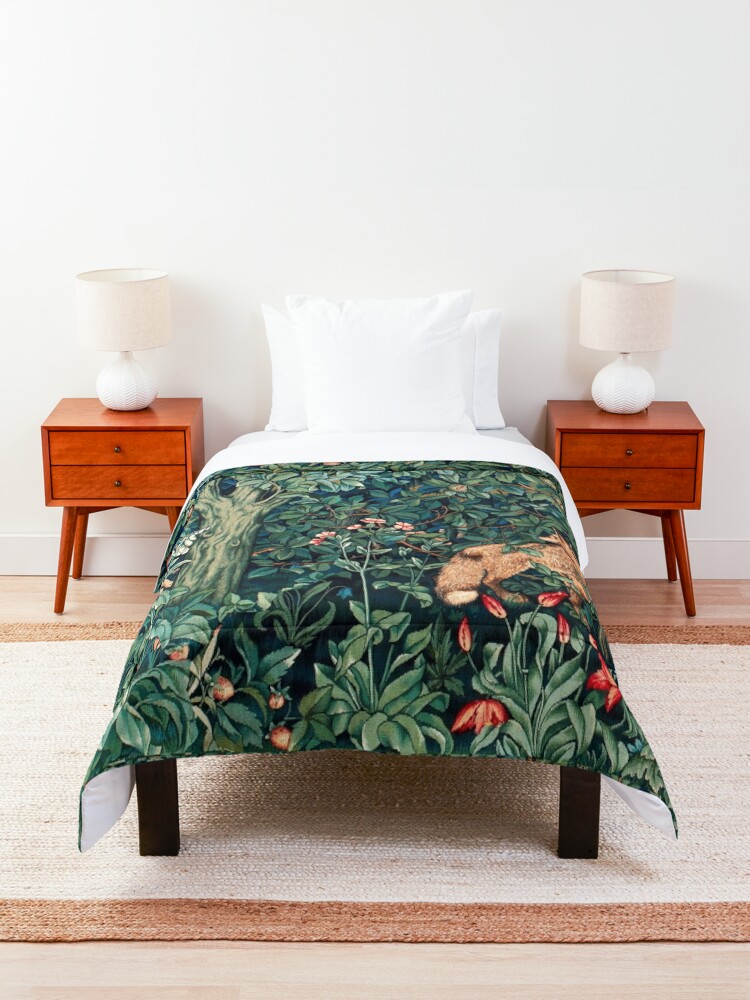 Thumbnail 2 of 5, Comforter, GREENERY, FOREST ANIMALS Fox and Hares Blue Green Floral Tapestry designed and sold by BulganLumini.