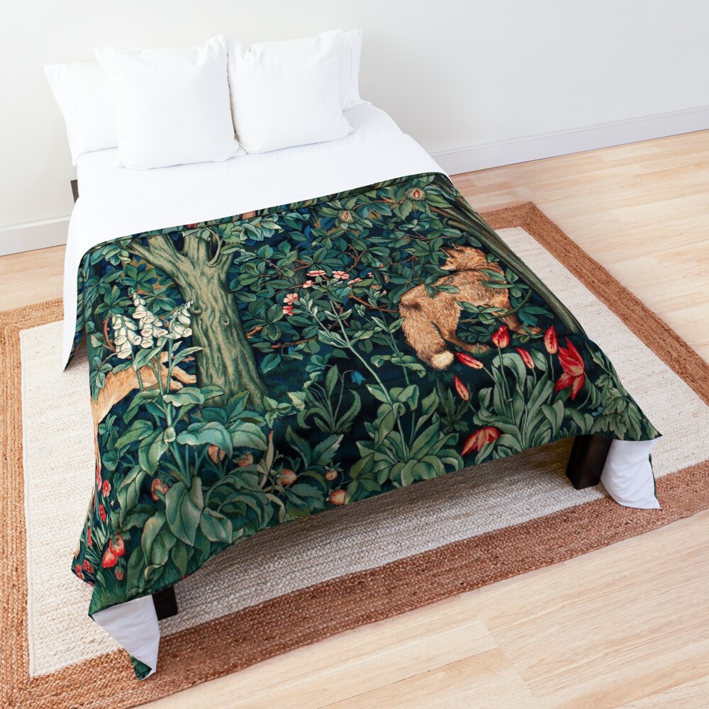 GREENERY, FOREST ANIMALS Fox and Hares Blue Green Floral Tapestry Comforter