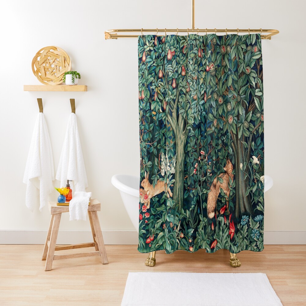 GREENERY, FOREST ANIMALS Fox and Hares Blue Green Floral Tapestry Shower Curtain