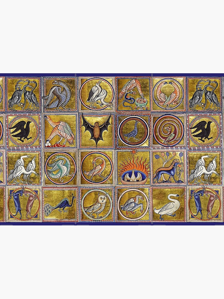 MEDIEVAL BESTIARY, FANTASTIC ANIMALS IN GOLD RED BLUE COLORS by BulganLumini