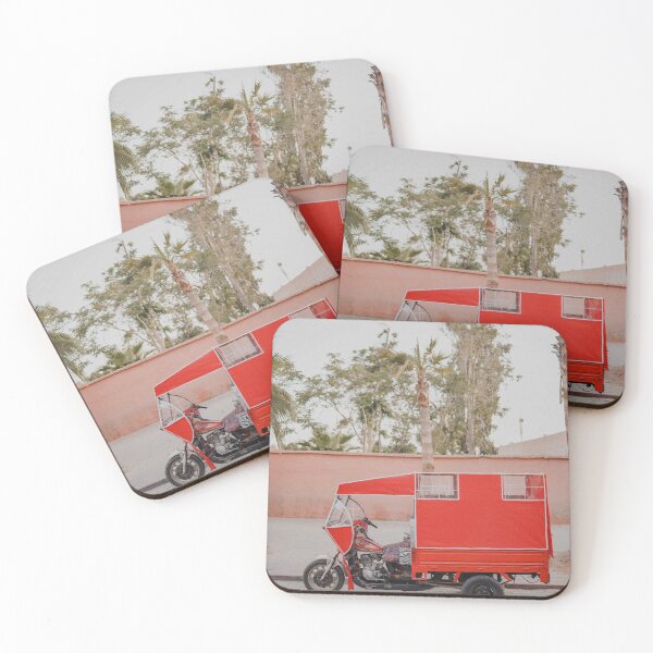 Item preview, red tuk tuk of marrakech medina streets in a pink walls background designed and sold by Morocco Marrakech Photo Prints.