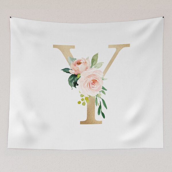 Item preview, Monogram letter Y - Faux gold foil and pink and white flowers and green leaves designed and sold by Citronelladesig.