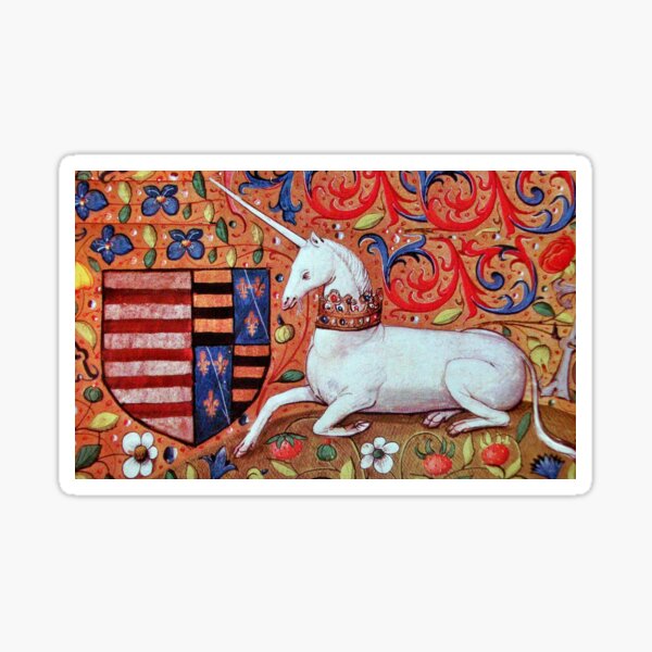 Aperçu de l'œuvre LICORNE À MOTIFS FLORAUX ROUGES BLEUES ET BLANCS Miniature médiévale créée et vendue par BulganLumini.