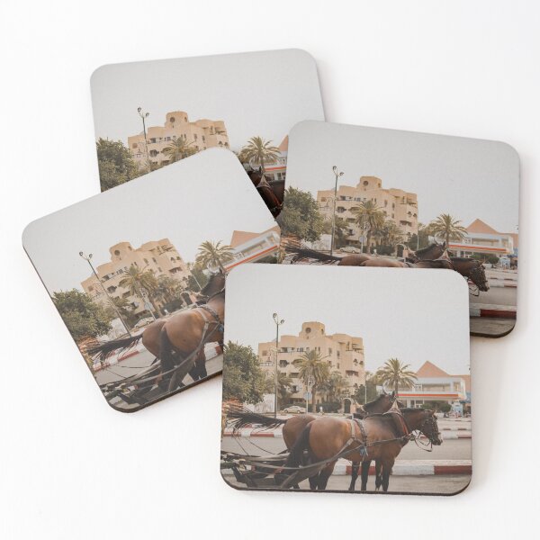 Item preview, brown horse carriage in pink streets of marrakech medina morocco designed and sold by Morocco Marrakech Photo Prints.