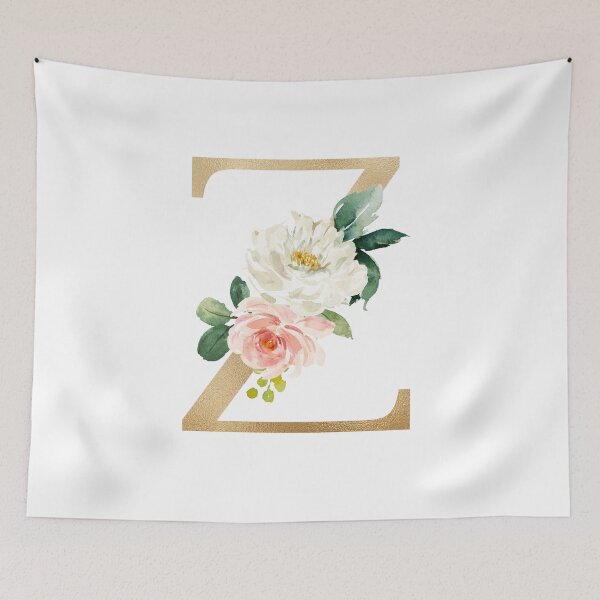 Item preview, Monogram letter Z - Faux gold foil and pink and white flowers and green leaves designed and sold by Citronelladesig.
