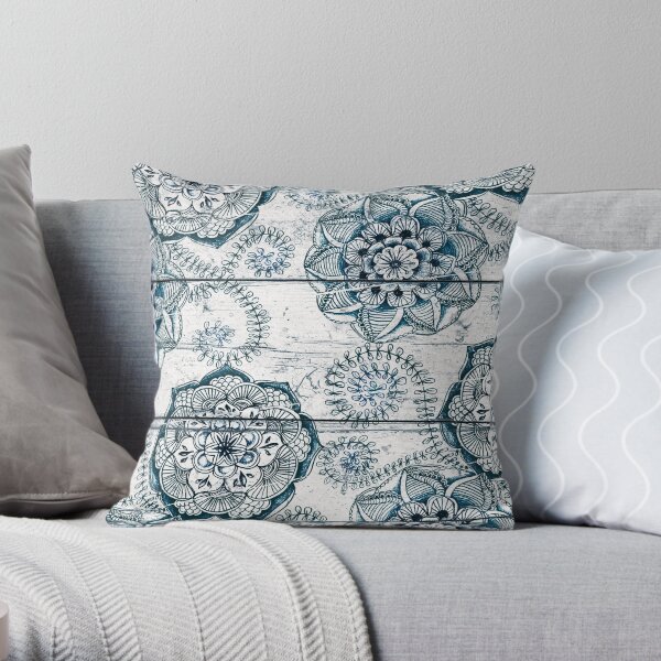 Shabby Chic Navy Blue doodles on Wood Throw Pillow