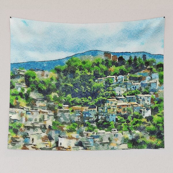 Item preview, Buildings of the village on the hill among the trees designed and sold by Giuseppe Cocco.