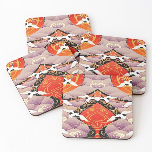 Item preview, FLYING WHITE CRANES ,SEA WAVES,SWIRLS RED GOLD BLACK LILAC JAPANESE FLORAL designed and sold by BulganLumini.