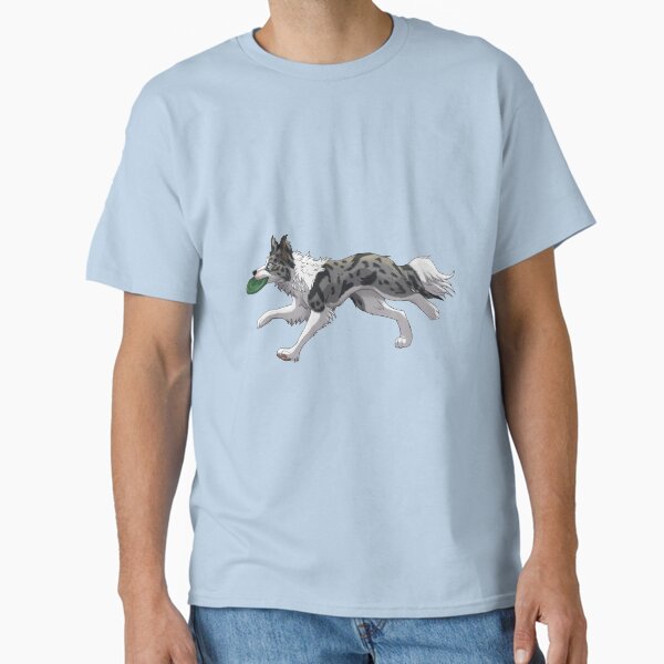 Vista previa del artículo con la obra «Corriendo Blue Merle Border Collie con Frisbee», diseñado y vendido por Bamsdrawz.