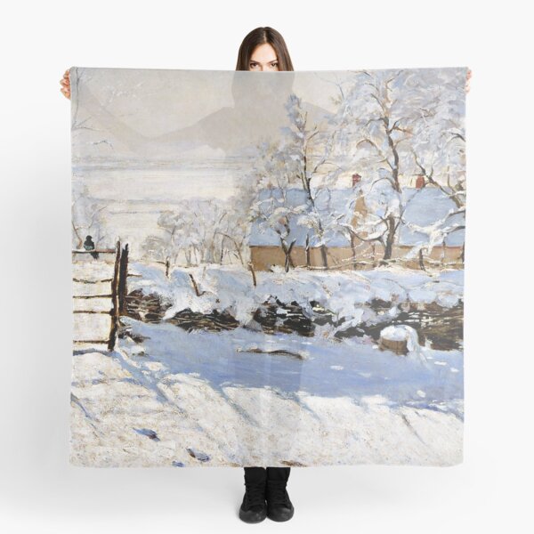 Monet - The Magpie, snowy landscape painting with magpie bird Scarf