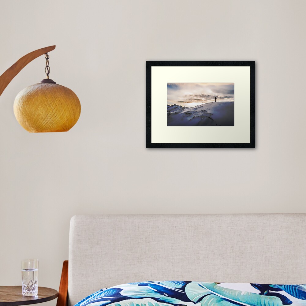 Christian Cross On Mountain Framed Art Print