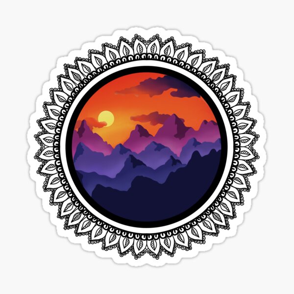 Sunset over mountains with black mandala Sticker