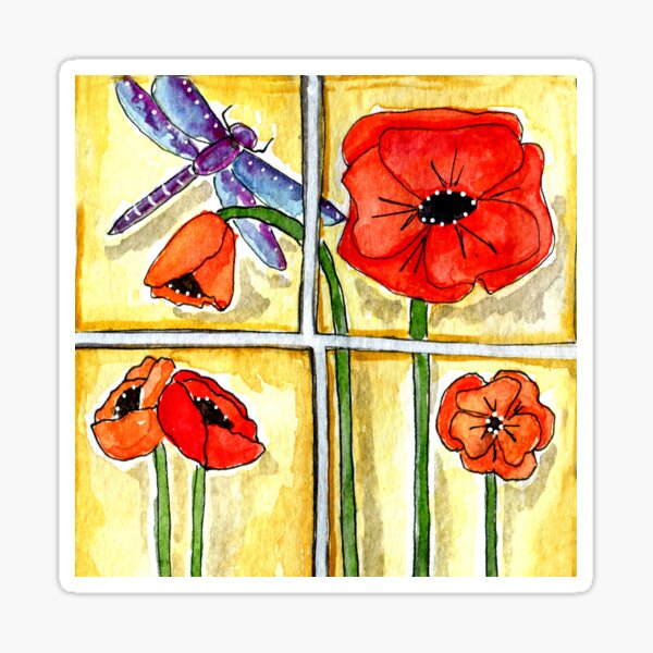 Dragonfly with Poppies - Watercolor Sticker
