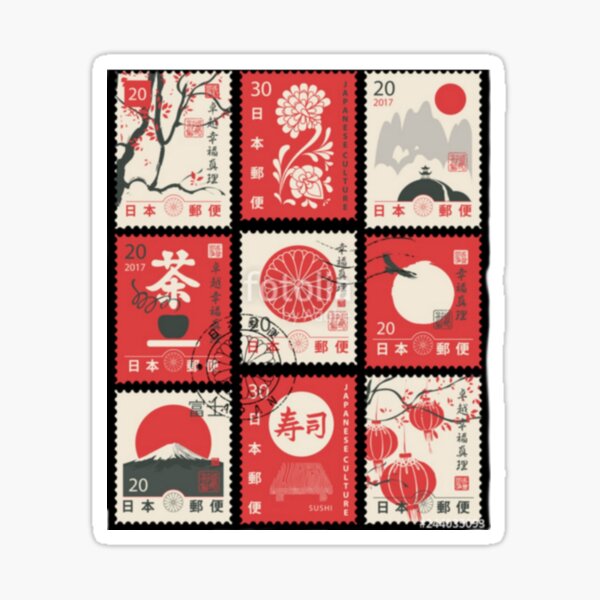 Item preview, Japan Stamps Retro Vintage Graphic Art designed and sold by AiMadePrints.