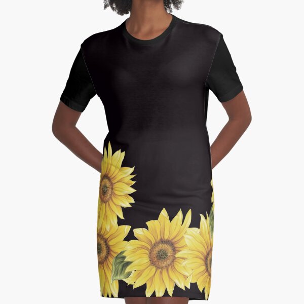 SUNFLOWERS ON BLACK Graphic T-Shirt Dress