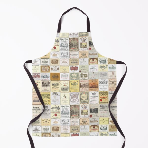 Famous French wine labels collage: vintages from Bordeaux/Rhone Apron
