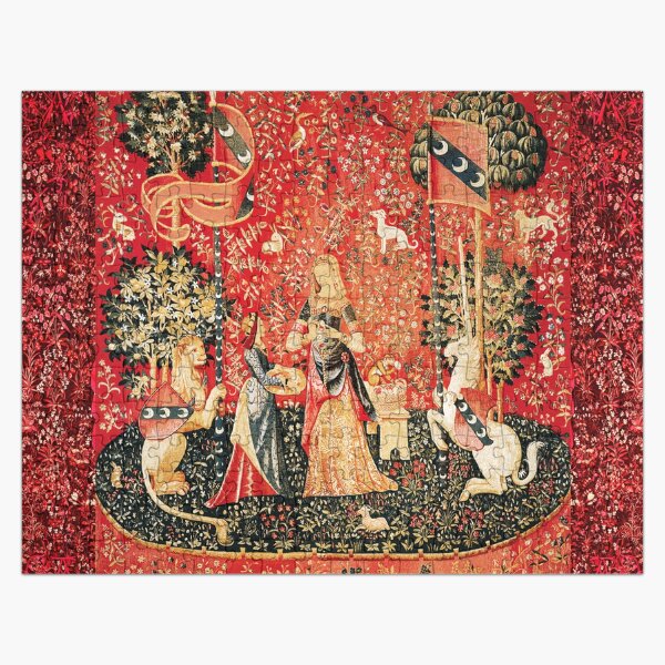 LADY AND UNICORN ,SMELL ,Lion,Fantasy Flowers,Animals Red Green Floral Jigsaw Puzzle