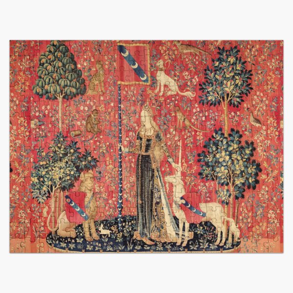 LADY AND UNICORN ,TOUCH ,Lion,Fantasy Flowers,Animals Red Green Floral Jigsaw Puzzle