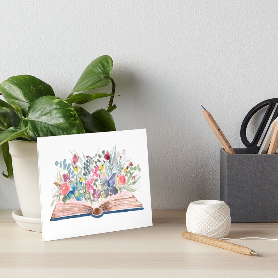 Watercolor Open Book with Florals Art Board Print