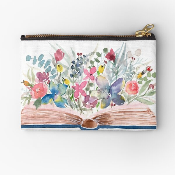 Watercolor Open Book with Florals Zipper Pouch
