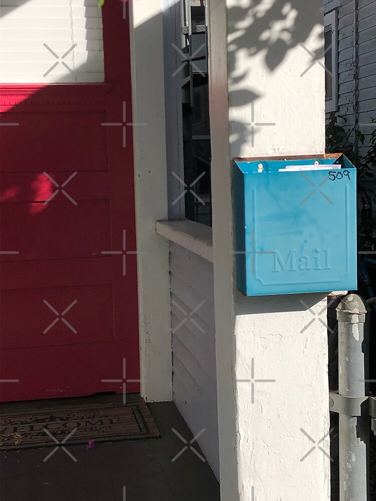 Blue mailbox, Red door, Blue mailbox socks, Bathroom decor by PicsByMi