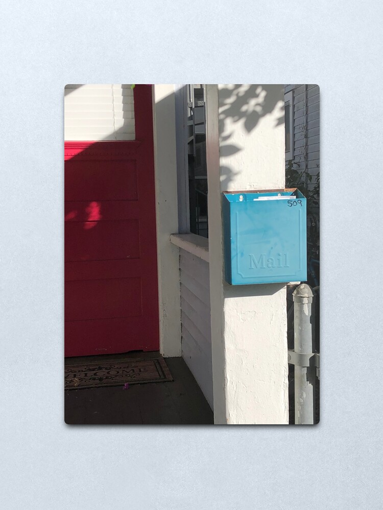 Alternate view of Blue mailbox, Red door, Blue mailbox socks, Bathroom decor Metal Print