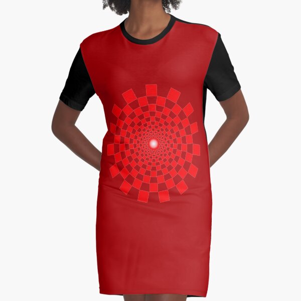 OP ART. Optical Illusion. Spiral, Red Squares in Circle. Graphic T-Shirt Dress