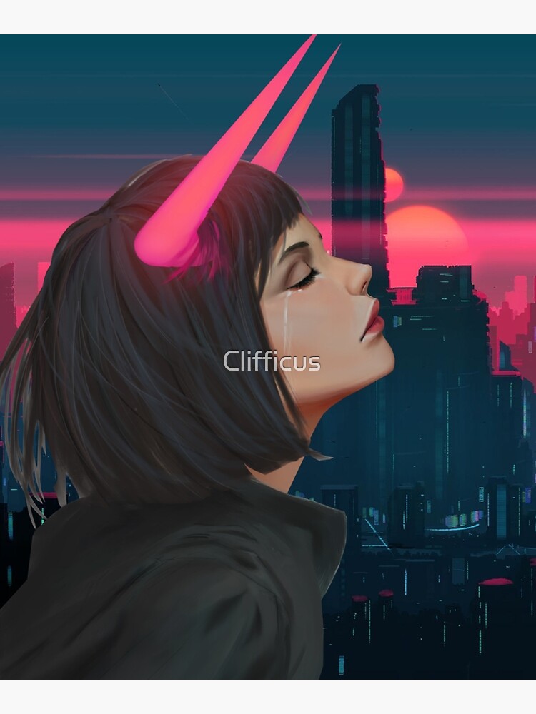 Custom Digital Art, Cyberpunk, Anime Girl. Horns, Demon