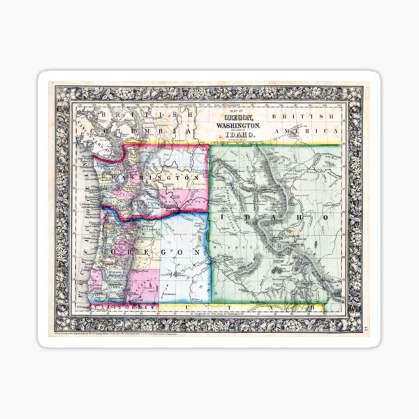 Vintage Map Of Washington Oregon And Idaho 1864 Sticker For Sale