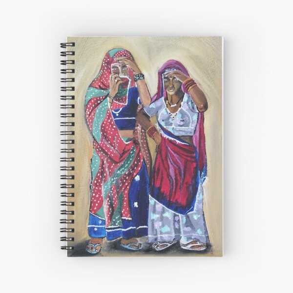 Oil painting of two Indian women peeping through their sari. Spiral Notebook