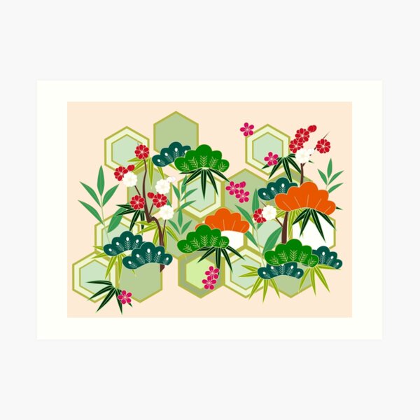 Flower with hexagon tile patterns vintage style Art Print