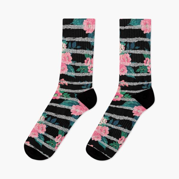 Item preview, Girly Pink Floral & Silver Glitter Stripes Black Design designed and sold by NdesignTrend.