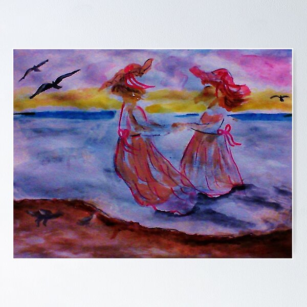 Artikelvorschau, Little girls in long dresses at the beach, watercolor entworfen und verkauft von Anna Lewis, blind artist.