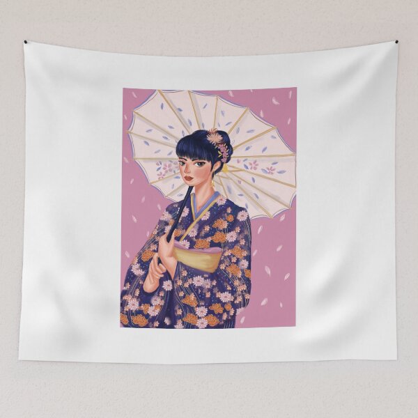 Item preview, Japanese girl in kimono with parasol designed and sold by quynhdraws.