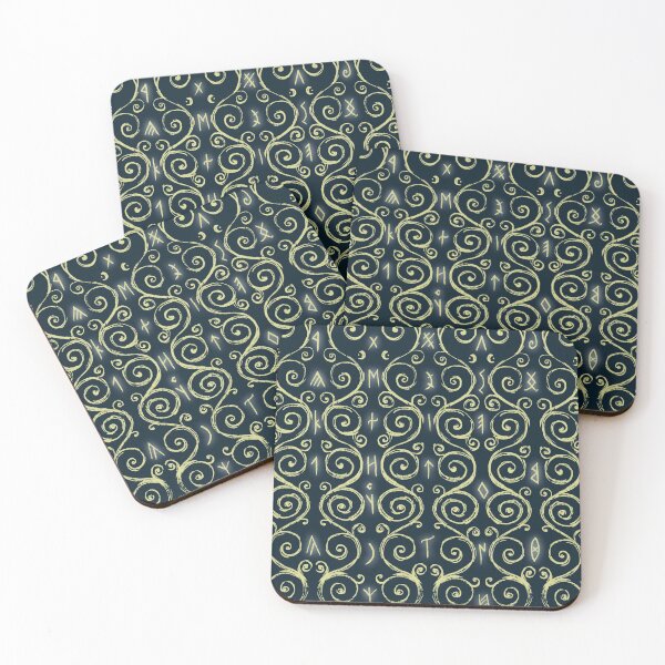 Item preview, Swirly Organic Folk Motif with Glowing Runes Midnight Blue designed and sold by antlerstone.