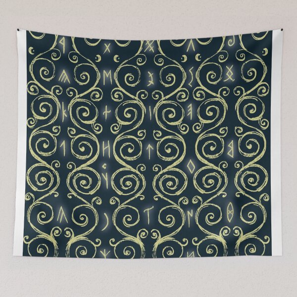 Item preview, Swirly Organic Folk Motif with Glowing Runes Midnight Blue designed and sold by antlerstone.
