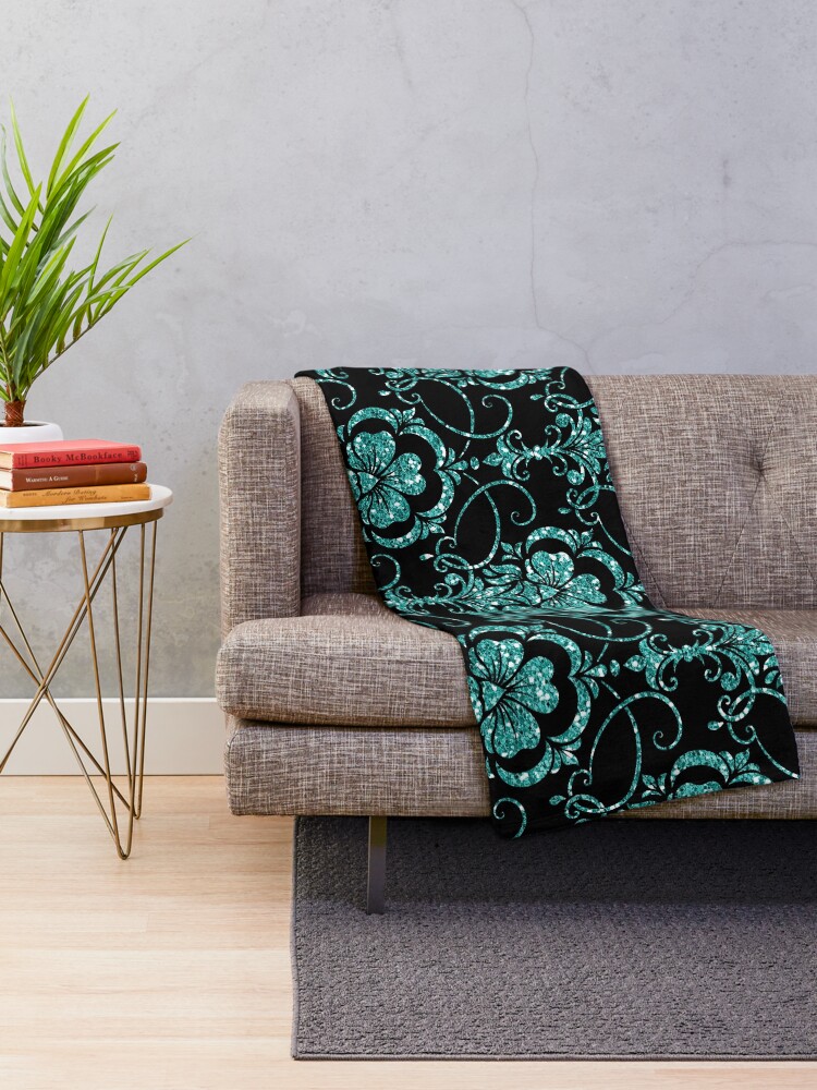 "Glitter Damask Pattern in Teal and Black " Throw Blanket for Sale by