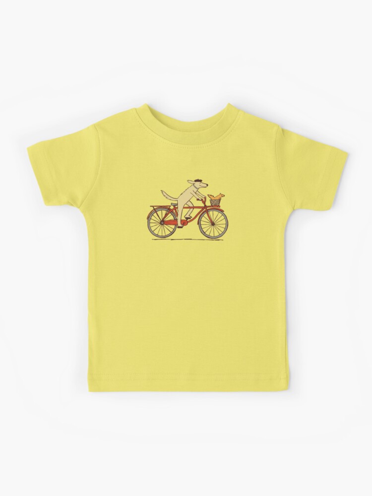 Thumbnail 1 of 2, Kids T-Shirt, Dog and Squirrel are Friends | Whimsical Animal Art | Dog Riding a Bicycle designed and sold by Jenn Inashvili.