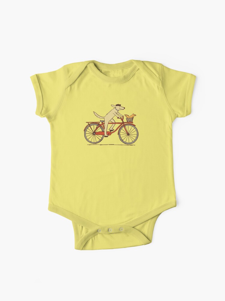 Thumbnail 1 of 2, Baby One-Piece, Dog and Squirrel are Friends | Whimsical Animal Art | Dog Riding a Bicycle designed and sold by Jenn Inashvili.