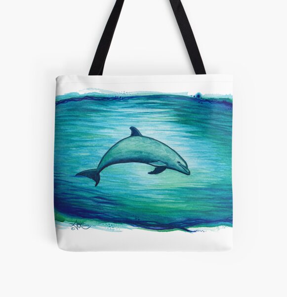 "Indigo Lagoon" by Amber Marine ~ watercolor dolphin painting, art © 2015 All Over Print Tote Bag